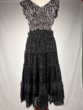 Express Black Lace Tiered Midi Skirt Sheer Velvet Detail Size Small